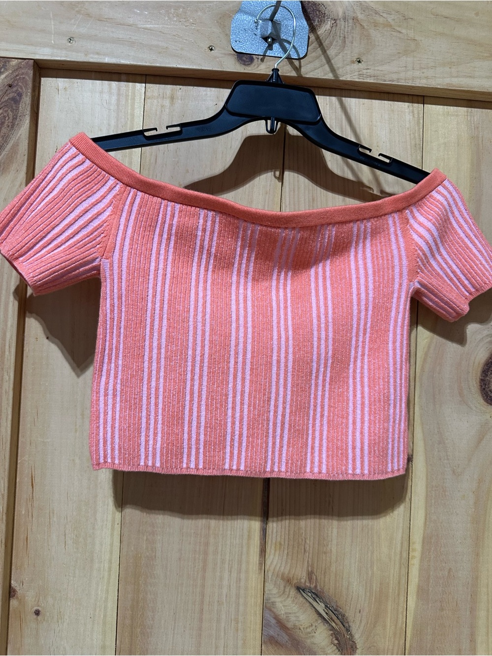aerie Coral Pink Striped Off-Shoulder Crop Top